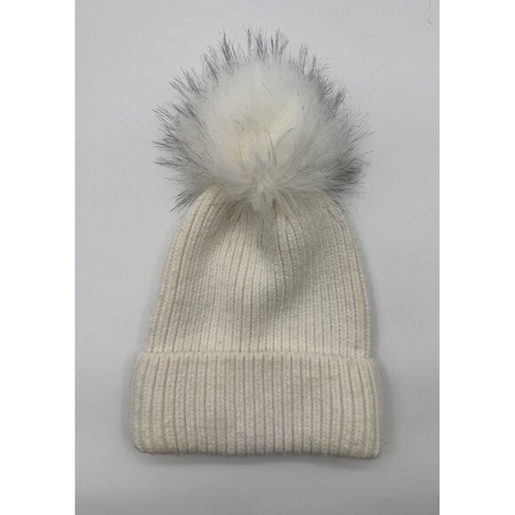 Norla Canada White Knit Beanie Hat With Faux Fur Pom - Picture 1 of 6
